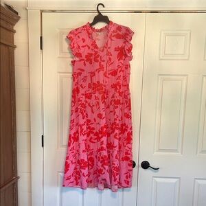 Umgee Pink Midi Dress with Red Floral Print